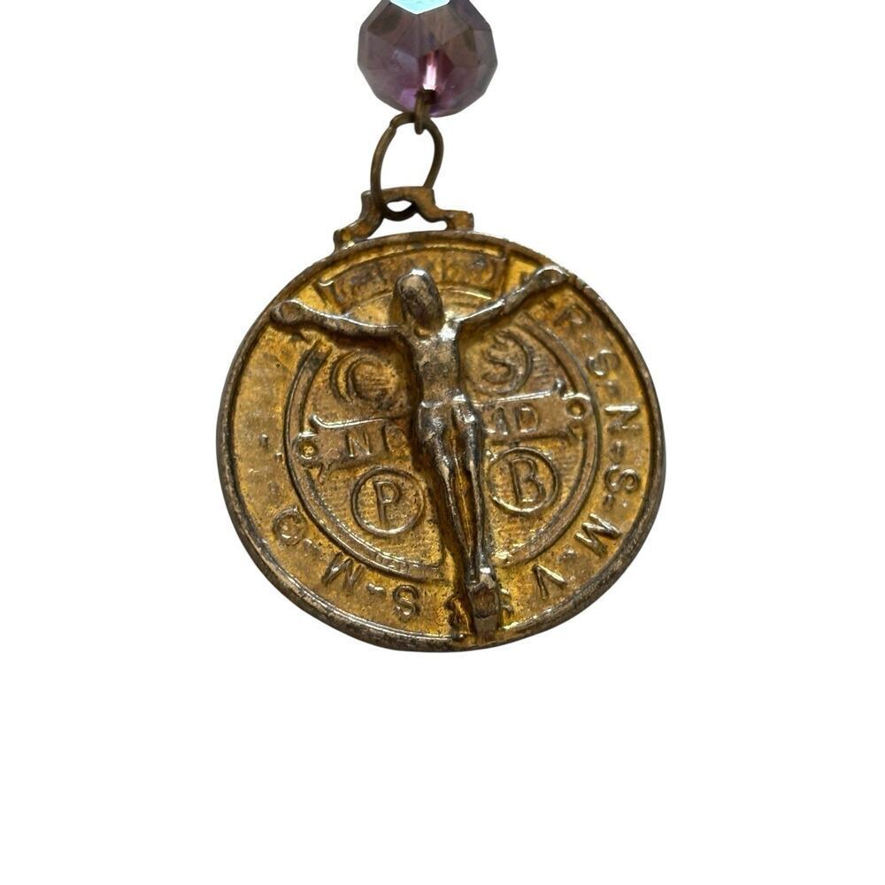 Rosary Chaplet Saint Benedict Holy Medal Gold Tone Purple Glass Beads 9” - Picture 3 of 7